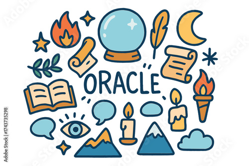 Oracle Doodle Illustration. Oracle. Hand-drawn doodle illustration of Oracle. crystal ball, flame, feather pen