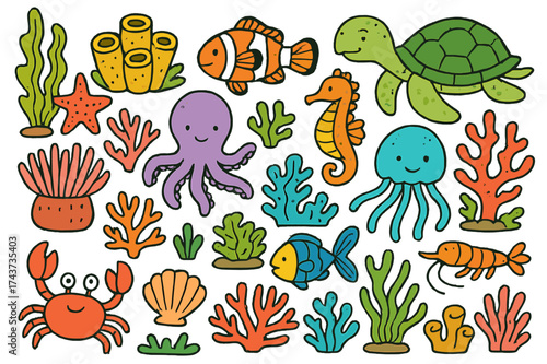 Colorful Coral Reef. Coral Reef. Colorful Hand-drawn doodle Children illustration Coral, clownfish, sea anemone, turtle, seahorse, starfish, crab, jellyfish,