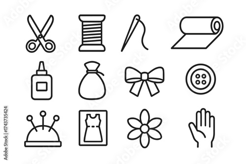 DIY Craft Icons. DIY crafts. Line outline icon set of DIY crafts: scissors, thread spool, needle, fabric roll,