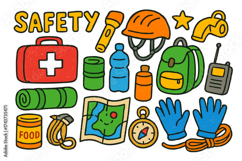 Colorful Safety Icons. Safety. Colorful Hand-drawn doodle Children illustration First aid kit, flashlight, helmet, whistle, blanket, water bottle, backpack,