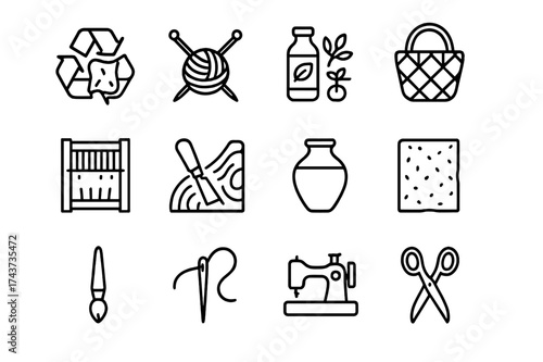 Sustainable Crafts Icons. Sustainable crafts. Line outline icon set of sustainable crafts: recycled materials,