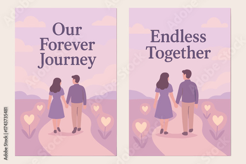Pastel Journey Banners. Our forever journey. Two vertical A6 banners with safe margins, centered composition, no elements touching edges, pastel style,