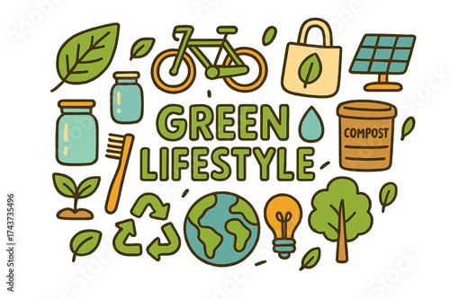 Doodle Green Living. Green Lifestyle. Hand-drawn doodle illustration of Green Lifestyle. Leaf, bicycle,