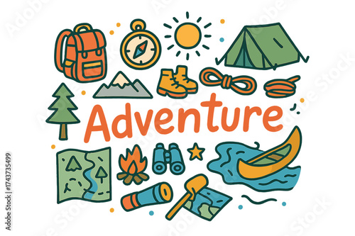 Adventure Doodle Illustration. Adventure. Hand-drawn doodle illustration of Adventure. backpack, compass,