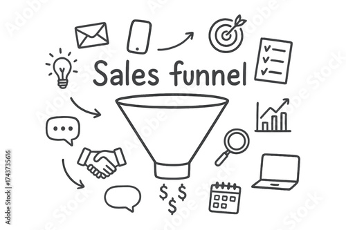 Hand-Drawn Sales Funnel. Sales funnel. Hand-drawn doodle illustration of Sales funnel. Funnel, dollar sign,
