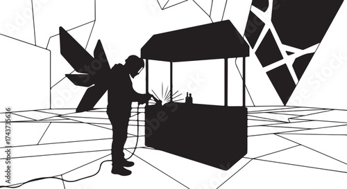 Silhouette of a fairy with wings tending to a small stall with a bottle and tiny tree in a surreal abstract environment