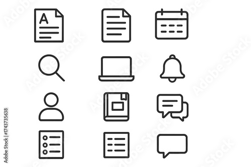 Exam Preparation Icons. Exam preparation. Line icon set of Exam preparation: grades report, assignment sheet, study notes, calendar, search icon, laptop,