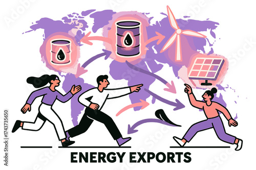 Global Energy Exchange. Energy exports. Glowing oil barrels, wind turbines, and solar panels floating as