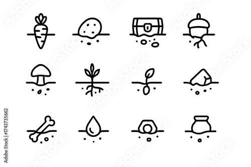 Burrowed Treasures Icons. Burrowed Items. Line icon set of Burrowed Items: carrot, potato, buried treasure, acorn, mushroom, root, seed, gem, bone, water