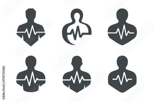 Digital Heartbeat Logos. Digital Twin for Individuals. Set Logo of digital heartbeat: human silhouette with pulse waveform. harmonious logo variations of the