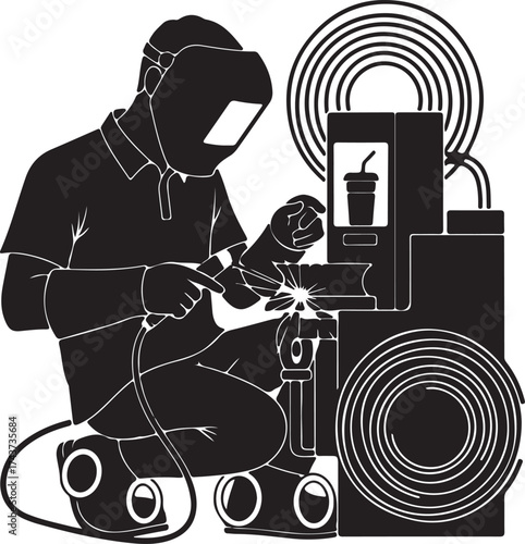 Silhouette of a welder in protective gear working on metal components with industrial equipment and materials in the background