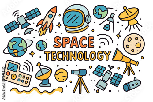 Colorful Space Technology Doodle. Space Technology. Hand-drawn doodle illustration of Space Technology.