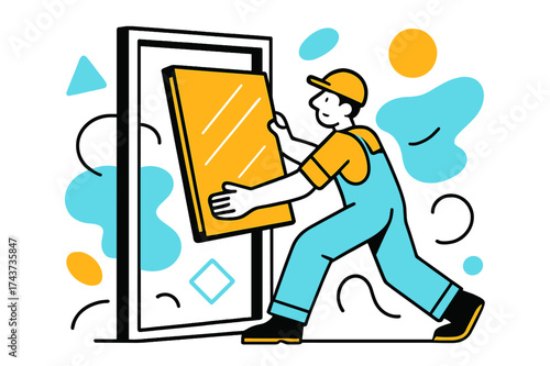 Panel Installation Process. Installing Components. A worker attaching a large glowing panel to a wall frame, floating geometric shapes highlighting the