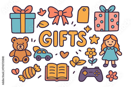 Colorful Gift Doodles. Gifts. Hand-drawn doodle illustration of Gifts. Present box, ribbon bow, gift tag,