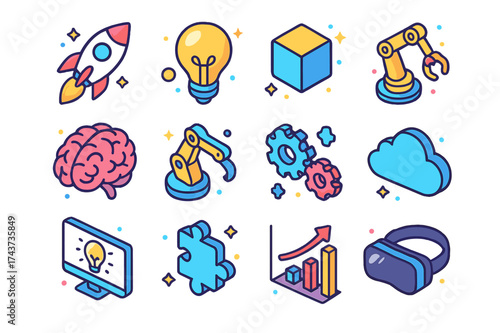 Colorful Business Innovation Icons. Innovation in Business. Colorful isometric vector icons set of innovation in business: rocket, light bulb, gears, brain, 3D