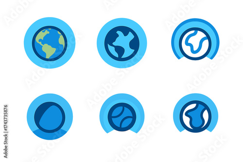 Atmospheric Halo Logos. Why the sky is blue. Set Logo of Earth and atmosphere: planet with atmospheric halo showing blue scattering. harmonious logo variations
