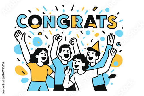 Joyful Congrats Celebration. Joyful Congrats. A group of friends cheering with glowing confetti raining down, abstract shapes forming the word ?Congrats? in