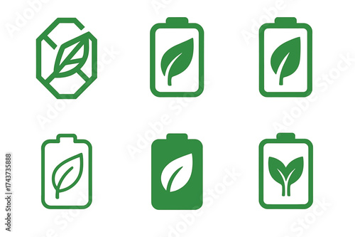 Eco Battery Logos. Tech for climate action. Set Logo of Tech for climate action: eco-friendly battery icon. harmonious logo variations of the same emblematic