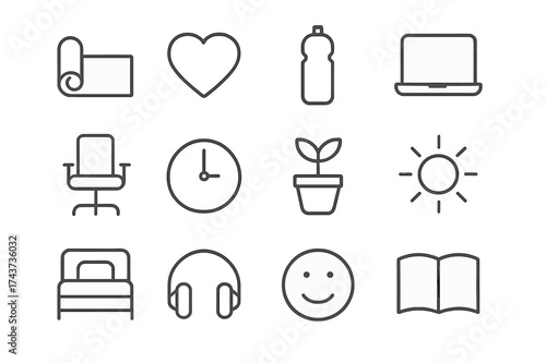 Workplace Well-being Icons. Well-being at work. Line outline icon set of well-being at work: yoga mat, heart,