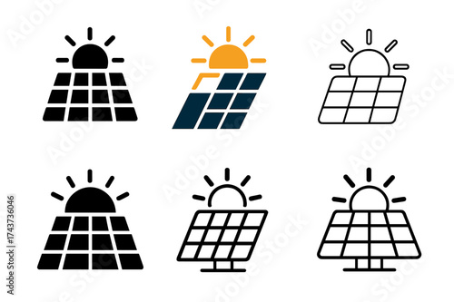 Solar Logo Variations. Solar power plants. Set Logo of solar power plants: solar power badge. harmonious logo variations of the same emblematic concept, each