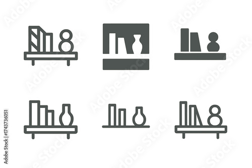 Minimalist Shelf Logos. Interior design and home decor trends. Set Logo of minimalist shelf: books and decor on wall shelf. harmonious logo variations of the
