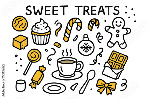 Sweet Treats Doodle. Sweet Treats. Hand-drawn doodle illustration sweet treats chocolate truffle (accented), cupcake, candy cane (accented), gingerbread