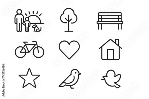 Family Sunset Icons. Family sunset. Line icon set of family sunset: parents with child, dog, sun setting, tree, bench, bicycle, heart, house, star, bird. All