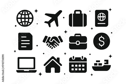 Global Opportunities Icons. Opportunities abroad. Solid icons set of Opportunities abroad: globe, airplane, suitcase, passport, document, handshake, briefcase,