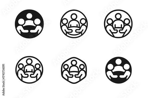 Harmonious Mediation Logos. Negotiation techniques. Set Logo of mediator circle: three people in circle discussing. harmonious logo variations of the same