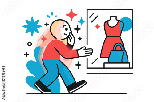 Curious Window Shopping. Window Shopping. A glowing character looking at a shop display, abstract floating spark and star shapes symbolizing curiosity. Modern