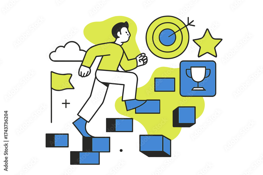 Obraz premium Climbing Abstract Stairs. Goal-Oriented Mindset. Person climbing abstract stairs made of floating blocks,