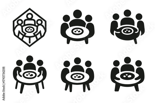 Meal Sharing Logos. Strengthening relationships through shared experiences. Set Logo of meal sharing: figures sitting around table with food. harmonious logo
