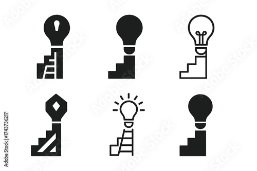 Startup Success Logos. Investing in startups. Set Logo of ladder of success: steps leading up with innovation icon. harmonious logo variations of the same