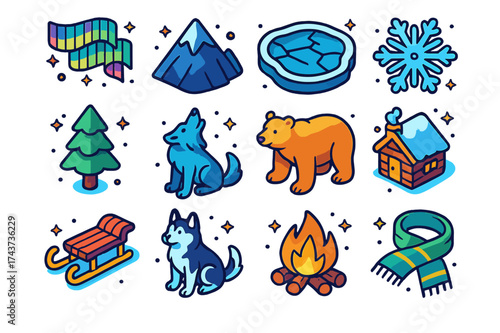 Aurora Borealis Icons. Aurora Borealis. Colorful isometric vector icons set of aurora borealis: northern lights, mountain, frozen lake, snowflake, pine tree,