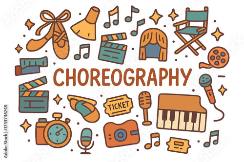 Choreography Doodle Art. Choreography. Hand-drawn doodle illustration of Choreography. Dance shoes, spotlight,