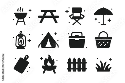 Outdoor Gear Icons. Outdoor Setup. Solid icons set of grill, picnic table, folding chair, umbrella, lantern, tent, cooler, basket, cutting board, fire pit,