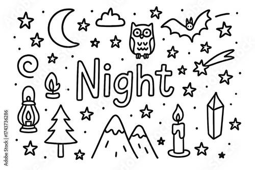 Night Doodle Illustration. Night. Hand-drawn doodle illustration of Night. crescent moon, stars, cloud, owl,