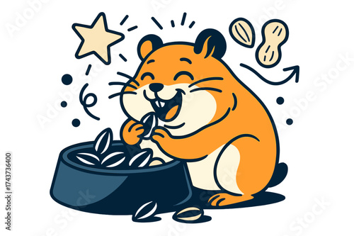 Joyful Hamster Snack. Hamster snack time. Hamster glowing with joy while nibbling seeds in a food bowl. Floating star and nut icons showing happiness and