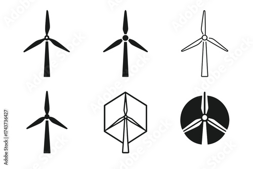 Wind Turbine Logo Variations. Renewable energy technologies and sustainability. Set Logo of wind turbine: silhouette of turbine blades turning. harmonious logo