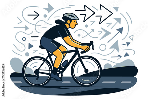 Cyclist's Dynamic Journey. Solo cycling. Glowing cyclist riding on an open road, abstract floating arrows and geometric lines emphasizing movement, adventure,