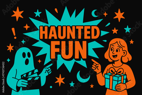 Haunted Fun Banner. Haunted Fun banner, flat vector illustration, bold oversized text inside splash explosion, cartoon characters standing and pointing,