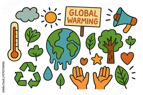 Global Warming Doodle. Global Warming. Colorful Hand-drawn doodle Children illustration thermometer, globe, melting ice, sun, cloud, tree, leaf, protest sign,