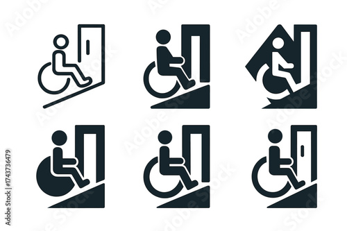 Accessible Design Logos. Designing for accessibility in urban environments. Set Logo of wheelchair ramp: slope leading into building. harmonious logo
