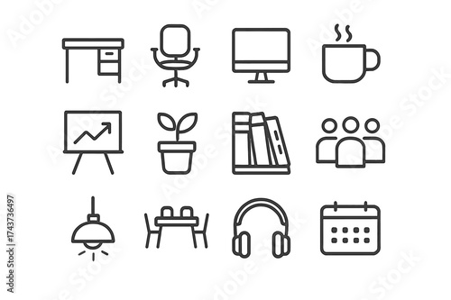 Coworking Icon Set. Coworking spaces. Line outline icon set of coworking spaces: desk, chair, computer, coffee