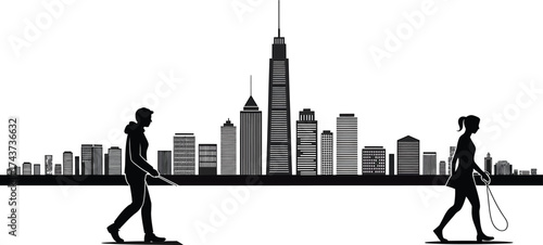 City Skyline Stroll Urban Walkers Silhouettes Illustration