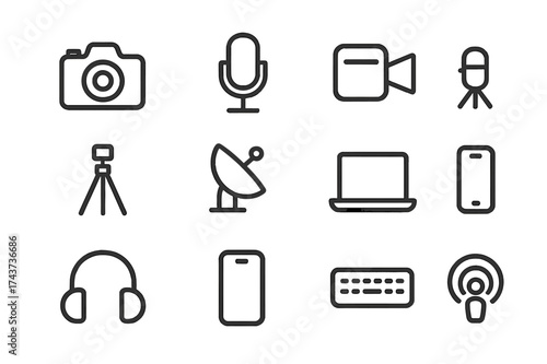 Media Tools Icons. Media tools. Line icon set of media tools: camera, microphone, video camera, tripod, satellite dish, laptop, headphones, smartphone,