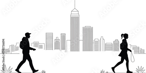 City Skyline Walkers Silhouettes Illustration Casual