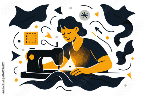Creative Sewing Process. Designer at work. Glowing designer operating a sewing machine, abstract floating fabric patterns and geometric shapes emphasizing