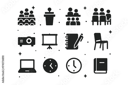 Educational Event Icons. Educational Event. Solid icons set of Educational Event: Lecture Hall, Podium, Speaker, Audience, Projector, Screen, Notebook, Pen,