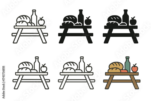 Outdoor Table Logos. Outdoor leisure (picnics, barbecues). Set Logo of outdoor table: food spread on a picnic table. harmonious logo variations of the same